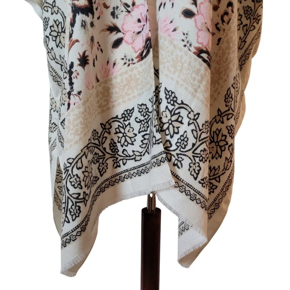 Nine West Rayon shawl Wrap Pink Floral womens OS Boho fringe dressy Casual Scarf